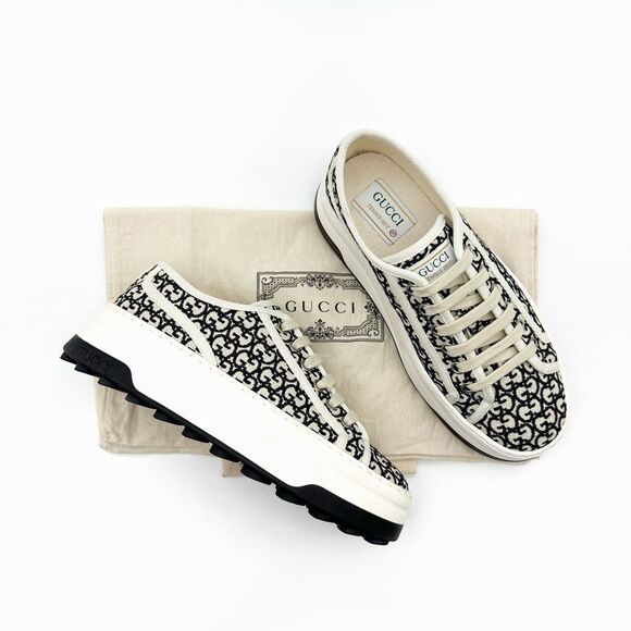 GUCCI Black White GG Jacquard Canvas 1977 Platform Sneakers Size 37 Low Top - Picture 2 of 13